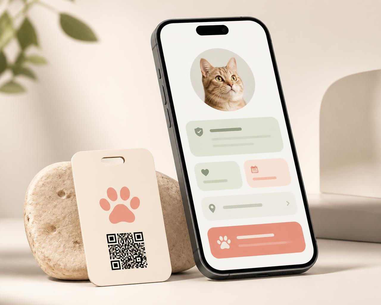 Mini dierenpaspoort met QR-code naast een telefoon met een digitaal dierenprofiel